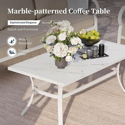 4 PCS Metal Outdoor Patio Furniture Set, Patio Conversation Set 1 3-seater Sofa, 2 Rocking Chairs with 5.75" Extra Thick Cushion and Coffee Table, White Frame Backyard Furniture, Beige
