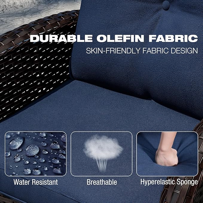 Joyside 6 Piece Patio Furniture Set, Outdoor Wicker Conversation Sets with Swivel Rocker Chairs and Sofa, Thick Cushion, Rattan Patio Sectional for Porch, Deck Use (Brown/Blue, 6 PCS)