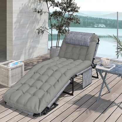 Outsunny Folding Chaise Lounge with 4-Level Reclining Back, Outdoor Tanning Chair with Cushion, Outdoor Lounge Chair with Breathable Mesh Fabric, Side Pocket, Headrest, Gray