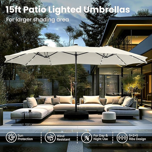 PHI VILLA 15ft Large Patio Umbrella with Solar Lights, Double-Sided Outdoor Market Rectangle Umbrellas with 36 LED Lights, Umbrella Base (Stand) Included, Ivory
