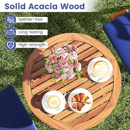 HAPPYGRILL 3 Pieces Acacia Wood Patio Bistro Set, Folding Outdoor Table and Chairs Set with Cushions, Outdoor Patio Furniture Set for Porch, Balcony, Deck, Garden, Backyard (Navy)