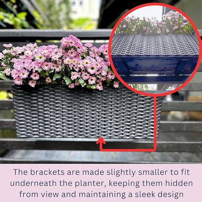 LaLaGreen Outdoor Rail Planter for Balcony (20 Inch, 2 Pack) Large Black Self Watering Deck Railings Planters with Brackets, Rectangular Plastic Fence Flower Box Designer Choice with Rattan Pattern