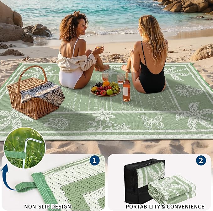 Garvee Outdoor Rug 9x12 Waterproof for Patios, Reversible Plastic Straw Rug, Tropical Leaf Indoor Outdoor Rugs, Large Area Rug for RV, Camping, Deck, Picnic Mat, Outside Carpet