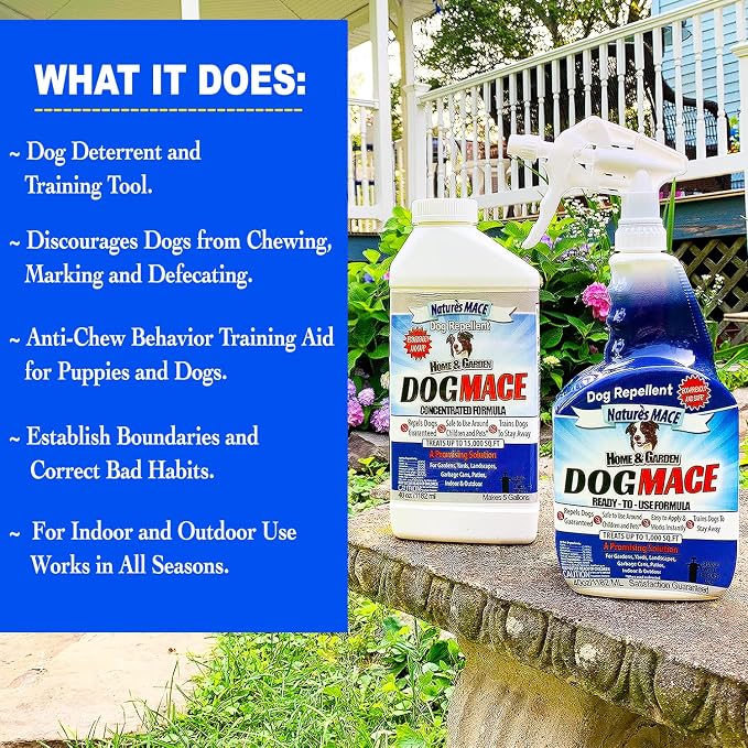 Nature’s MACE Dog Mace, Dog Repellent for Yard, Potty Training Tool, Indoor & Outdoor, Marking and Digging Spray, Pee Deterrent, Safe Around Kids, Pets, Plants, 40oz Concentrate, Treats 15,000 Sq Ft