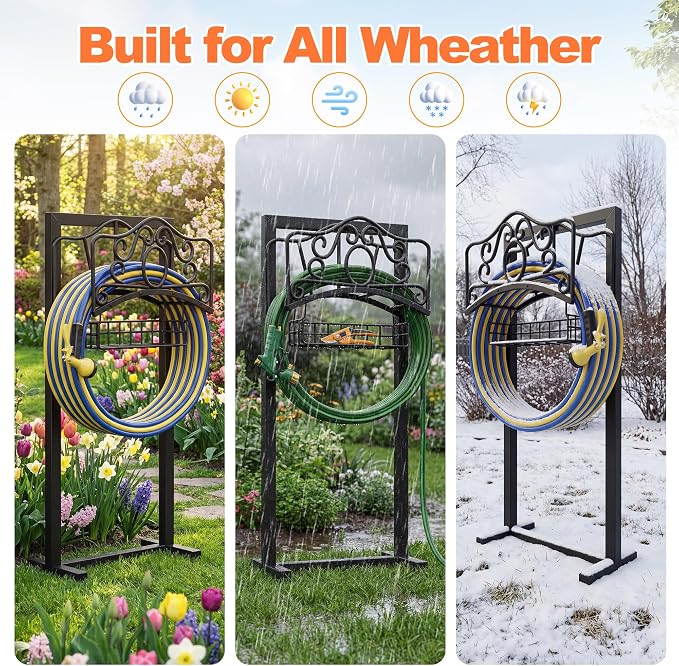 Garden Hose Holder, Upgraded Heavy Duty Water Hose Holder Stand with Storage Basket Holds 160FT, Freestanding Hose Hanger for Garden, Black