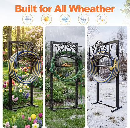Garden Hose Holder, Upgraded Heavy Duty Water Hose Holder Stand with Storage Basket Holds 160FT, Freestanding Hose Hanger for Garden, Black