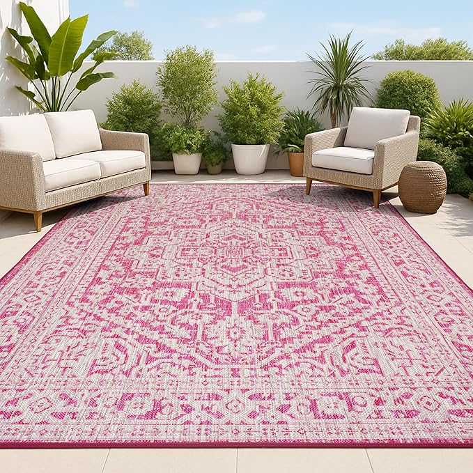 JONATHAN Y Medallion Weave Indoor Outdoor Area Rug 4X6 Fuchsia/Light Gray, Sinjuri Textured for Backyard, Patio, Porch, Easy-Cleaning, High Traffic, Pet-Friendly, Non-Shedding (SMB101G-4)