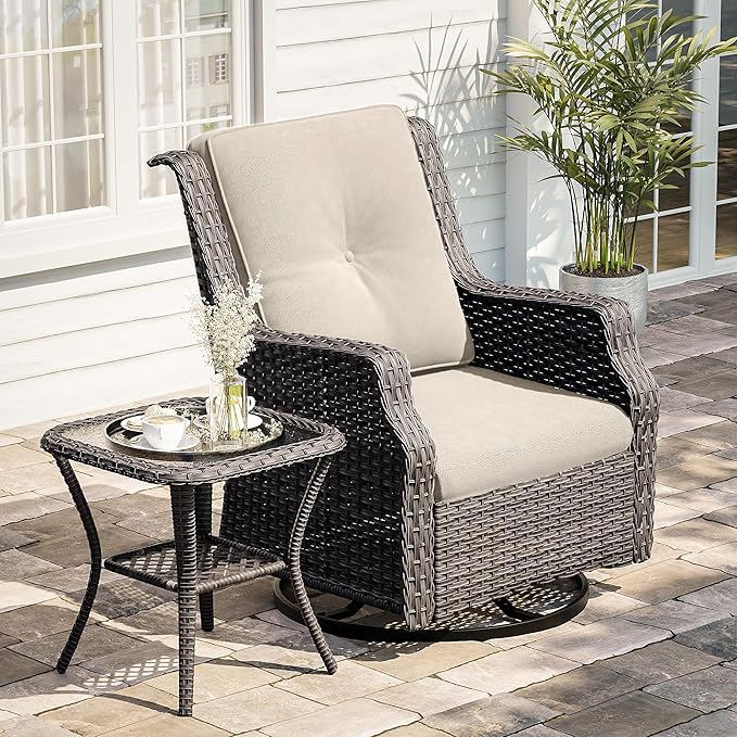 Outdoor Swivel Rocker Patio Chair with Matching Side Table - 360 Degree Patio Swivel Glider Chair with 3.5" Olefin Cushions(Mixed Grey/Beige)