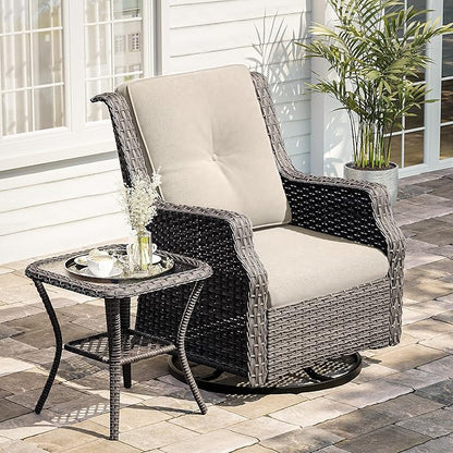 Outdoor Swivel Rocker Patio Chair with Matching Side Table - 360 Degree Patio Swivel Glider Chair with 3.5" Olefin Cushions(Mixed Grey/Beige)