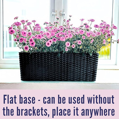 LaLaGreen Outdoor Rail Planter for Balcony (20 Inch, 2 Pack) Large Black Self Watering Deck Railings Planters with Brackets, Rectangular Plastic Fence Flower Box Designer Choice with Rattan Pattern