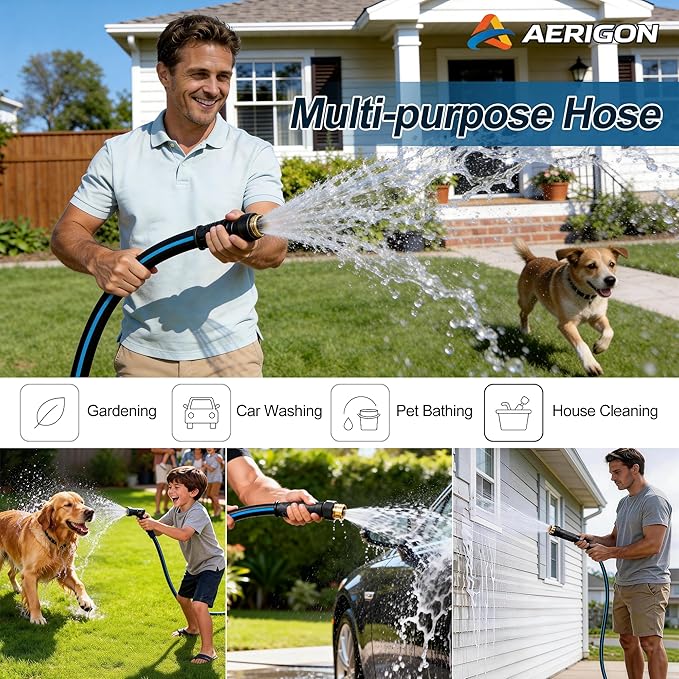 Garden Hose 50FT Non-expandable Heavy Duty, Kink-free Flexible Water Hose, Leak-proof Hybrid Pipe with Brass Fittings for Garden, Car Washing & Household Cleaning