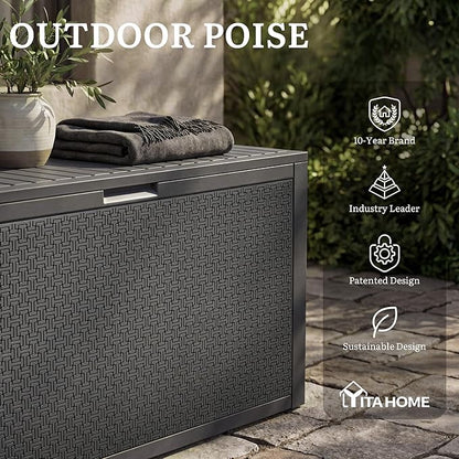 YITAHOME 95 Gallon Large Outdoor Deck Box, Lockable Waterproof Resin Storage Box with Handles, Weatherproof & UV Resistant, Patio Garden Tool Container for Outdoor Furniture, Dark Grey