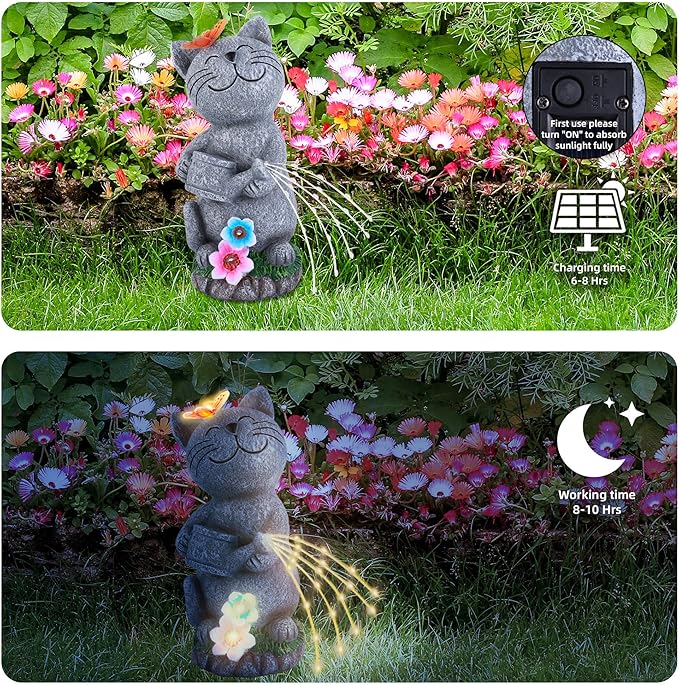 Solar Garden Cat Decor, Animal Statue Outdoor Lights, Mothers Day Birthday Housewarming Gifts for Mom Grandma Women Sister Wife Lady Lover-Patio, Porch, Yard, Balcony Decorations, Lawn Ornaments.