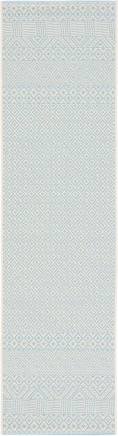 SAFAVIEH Washable Rug Outdoor Courtyard Collection - 2'3" x 10' Runner, Beige & Aqua Blue, Non-Shedding & Easy Cleaning, Ideal for Patio, Entryway, Mudroom, Hallway, Kitchen (CY6235-21312)