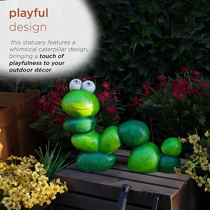 Alpine Corporation YEN608SLR 16" Tall Caterpillar with Light Up Eyes, Solar Powered LED Garden Statue, Green