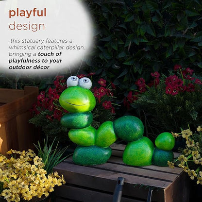 Alpine Corporation YEN608SLR 16" Tall Caterpillar with Light Up Eyes, Solar Powered LED Garden Statue, Green