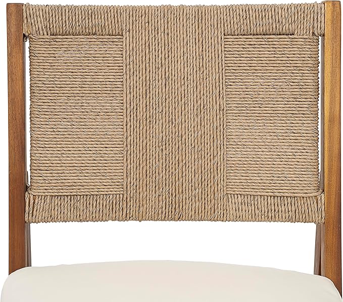 Christopher Knight Home Alan Outdoor Dining Chairs Set of 2, Wicker Woven Back Dining Chairs, Cushion Armless Chair, H Shaped Design Back, Acacia Wood Chair for Patio Poolside Garden, Teak+Cream