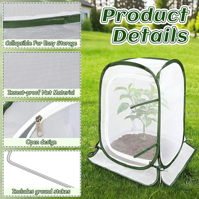 Augshy 3 Pack Pop Up Plant Covers Plant Protectors Tent Mesh Plant Protectors from Animals and Birds Garden Net Cage with Stakes for Protect Outdoor Plants Vegetables Flowers Shrubs 13"x13"x20"