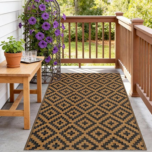 SAND MINE Reversible Mats, Plastic Straw Rug, Modern Area Rug, Large Floor Mat and Rug for Outdoors, RV, Patio, Backyard, Deck, Picnic, Beach, Trailer, Camping, Black & Brown, 3' x 5'