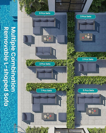 SERWALL 5-Piece Patio Sofas with 15FT Double Side Patio Umbrella, All-Weather HDPE Outdoor Sectional Sofa, Large Modular Patio Conversation Set for Garden, Deck, Porch, Grey Frame with Grey Cushion
