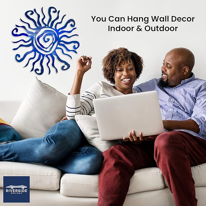 Riverside Designs Wacky Sun Metal Wall Art Indoor/Outdoor Decor - 24" Blue Rust Proof Wall Sculpture - Made in USA - Ideal for Bedroom, Garden, Home, Patio and Farmhouse