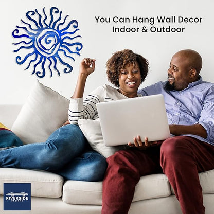 Riverside Designs Wacky Sun Metal Wall Art Indoor/Outdoor Decor - 24" Blue Rust Proof Wall Sculpture - Made in USA - Ideal for Bedroom, Garden, Home, Patio and Farmhouse