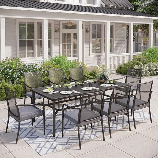 9 Piece Patio Metal Dining Set, Outdoor Table and Chairs for 8, Powder-Coating Steel Chairs with 4" Thickened Cushions, 83" Rectangle Table for Deck Backyard with 1.57" Umbrella Hole