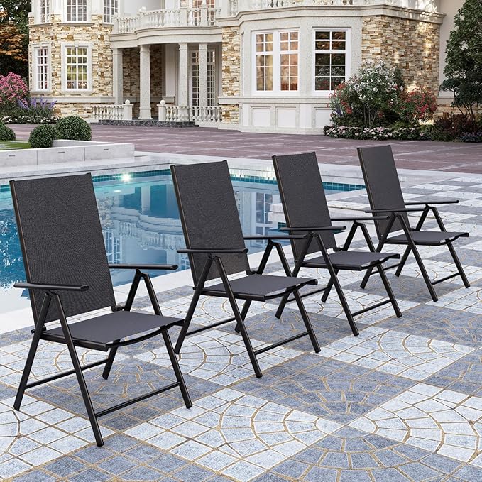 PHI VILLA Patio Folding Chairs Set of 4, Portable Outdoor Dining Chairs with Adjustable Backrest for Outside, Garden, Lawn & Yard, No Assembly, Black