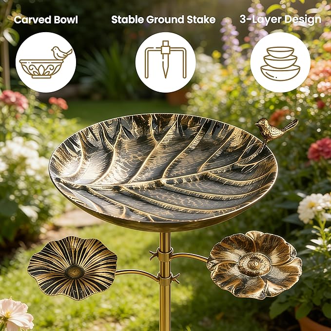 HUFAND Triple Bowl Bird Bath for Outside, 3-in-1 Bird Bath & Feeder with 4-Claw Ground Stake, 51in Height, 11.8in Large Top Bowl, Outdoor Birdbath for Garden Patio Yard Decor, Black Gold