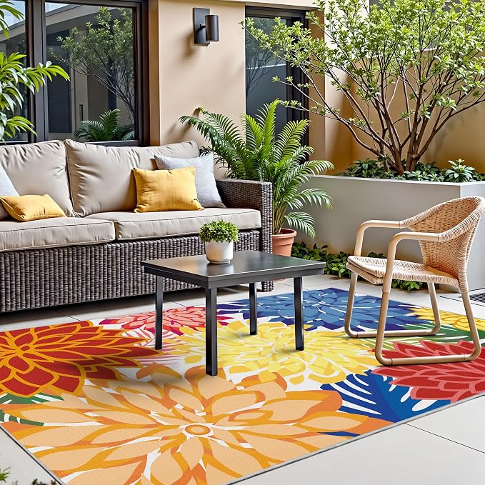 Colorful 3x5 Washable Rug for Living Room Tropical Botanical Modern Floral Chenille Area Rugs Low Pile Non Slip Carpet for Patio, Bedroom, Laundry, Rainbow