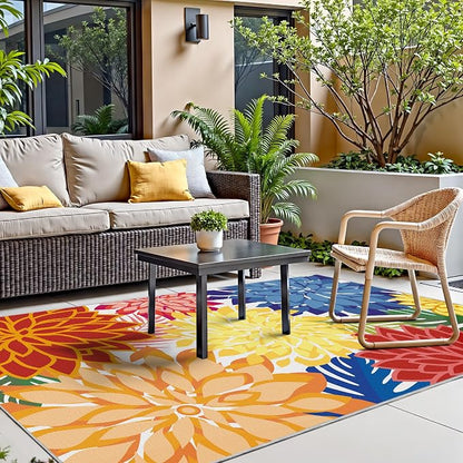 Colorful 3x5 Washable Rug for Living Room Tropical Botanical Modern Floral Chenille Area Rugs Low Pile Non Slip Carpet for Patio, Bedroom, Laundry, Rainbow