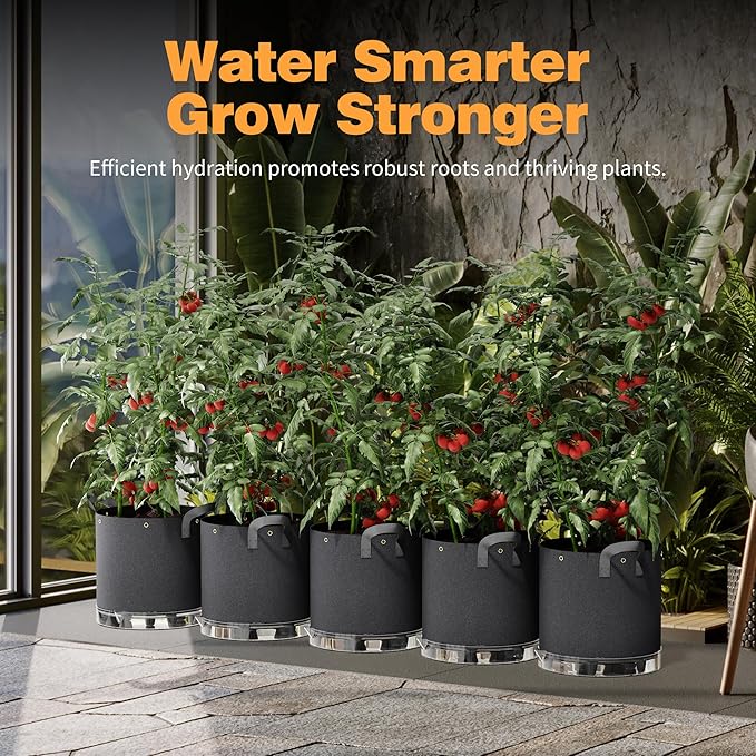 Patigrow Self-Watering Grow Bags, 5-Pack 5 Gallon 420G Thick Nonwoven Fabric Pots with Reinforced Handles and Multi-Purpose Rings, for Low Stress Plant Training Fruits, Vegetables,and Flowers