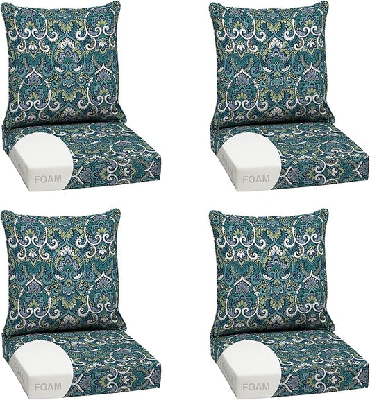 Arden Outdoor Foam Deep Seat Cushion Set (4-Pack), 24x24, Premium High-Density Foam, Never Flattens, Weather-Proof for Patio Chair Sofa Couch, Sapphire Aurora Blue Damask