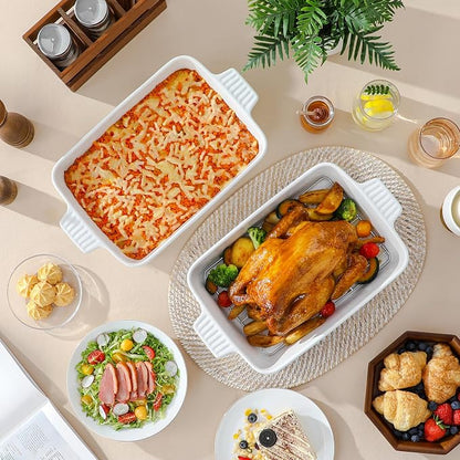MALACASA 4.4 QT Baking Dish with Rack, 9x13 Large Casserole Dish for Oven, Ceramic Baking Pan with Rack, Rectangular Lasagna Pan Deep with Handles for Baking, Durable Microwave Oven Safe, White