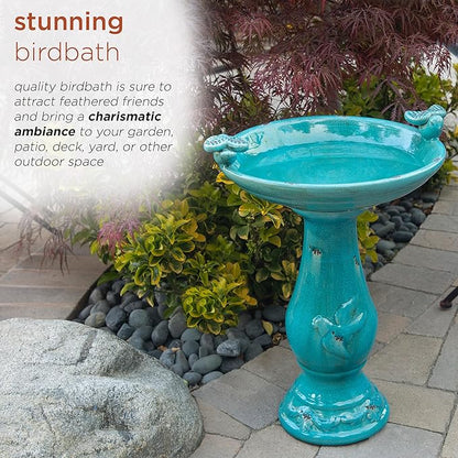 Alpine Corporation 25" Tall Outdoor Ceramic Antique Pedestal Birdbath with 2 Bird Figurines, Turquoise