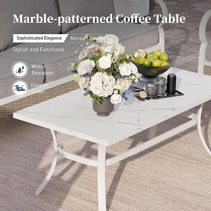 4 PCS Metal Outdoor Patio Furniture Set, Patio Conversation Set 1 3-Seater Sofa, 2 Rocking Chairs with 5.75" Extra Thick Cushion and Coffee Table, White Frame Backyard Furniture, Gray