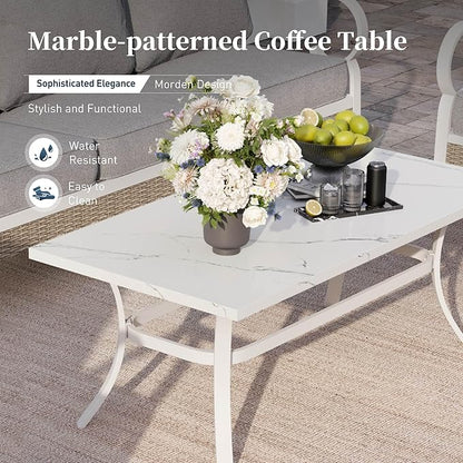 4 PCS Metal Outdoor Patio Furniture Set, Patio Conversation Set 1 3-Seater Sofa, 2 Rocking Chairs with 5.75" Extra Thick Cushion and Coffee Table, White Frame Backyard Furniture, Gray