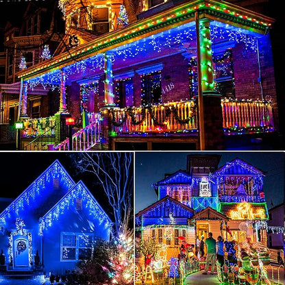 Icicle Christmas Lights Outdoor 99ft 1216 LED Icicle Lights for Outside 8 Modes with 228 Drops, Waterproof Plug in Blue Christmas Light for House Indoor Party Holiday Wedding Halloween Decorations