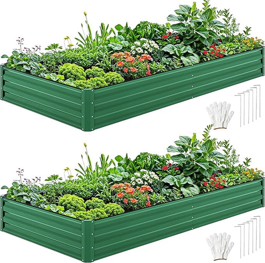 DWVO 2pcs 8 x 4 x 1 FT Raised Garden Bed Kit, Outdoor Galvanized Flower Bed with Safety Rubber and Gloves, Large Metal Planter Box for Vegetables, Flowers, Herbs, Fruits, Green