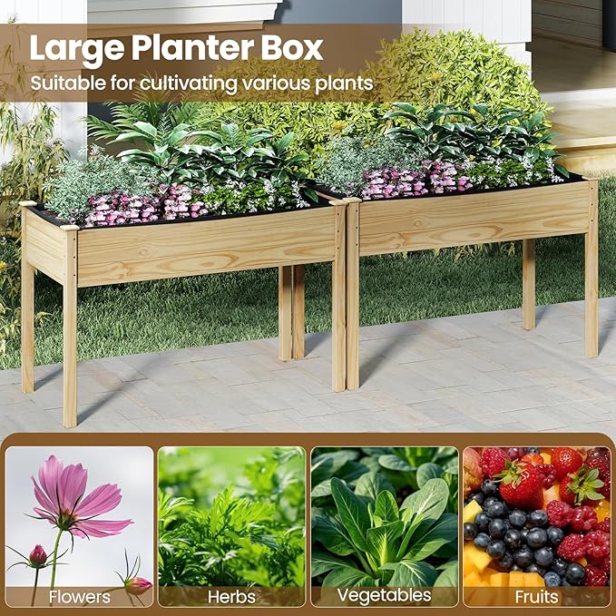 S AFSTAR Wooden Raised Garden Bed with Legs, Planter Box with Liner & Drainage Holes for Vegetable Flower Herb, Indoor Outdoor Elevated Gardening Box for Backyard Patio Balcony