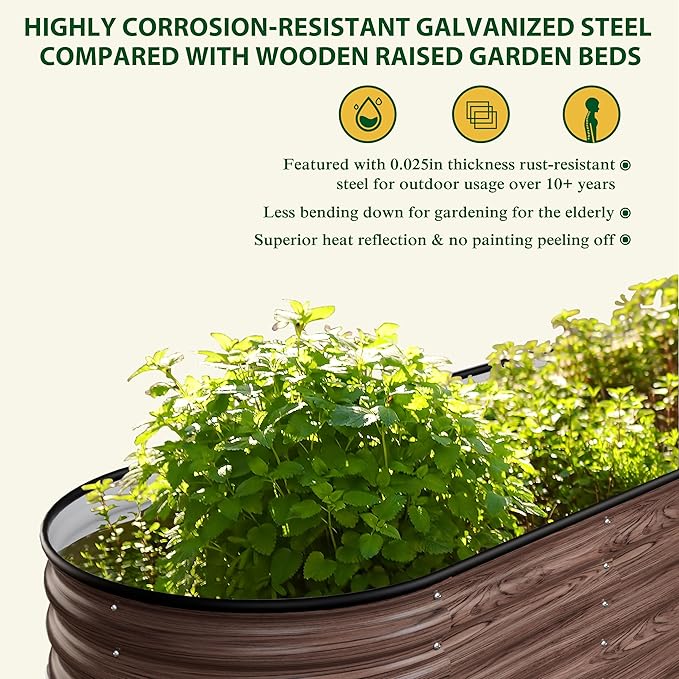 MUPATER 8x2FT Metal Galvanized Raised Garden Bed, 17''H Premium Wood Grain Raised Garden Bed Outdoor for Plants Flowers, 9-in-1 Galvanized Metal Planter Box, Rustic