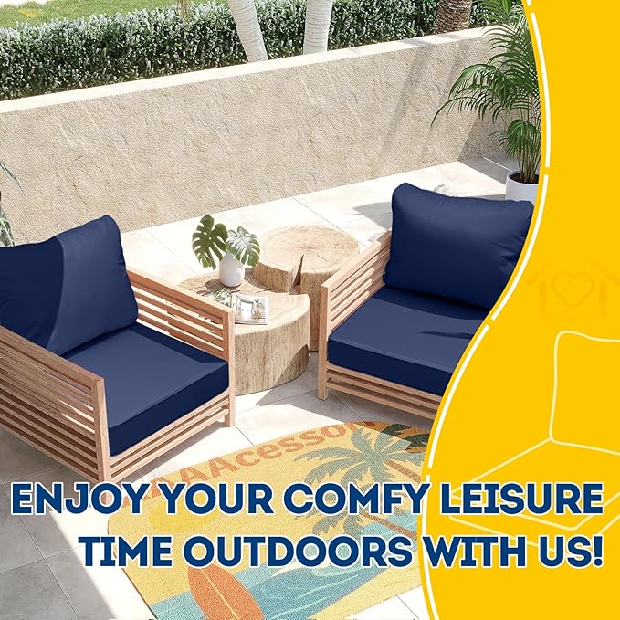AAAAAcessories Outdoor Seat Cushions for Chairs, Fade-Resistant, Waterproof Patio Furniture Replacement Cushions, 25.5" x 25.5" x 5" + 25.5" x 19", Navy Blue