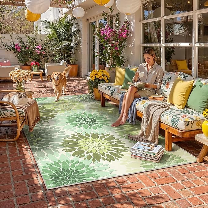 5x8 Indoor Outdoor Area Rug Washable Patio Rug Green Non Slip Non Shedding Waterproof Carpet for Living Room Bedroom Backyard Porch Camping RV Balcony Poolside