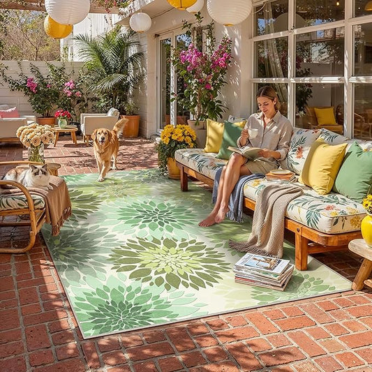 5x8 Indoor Outdoor Area Rug Washable Patio Rug Green Non Slip Non Shedding Waterproof Carpet for Living Room Bedroom Backyard Porch Camping RV Balcony Poolside