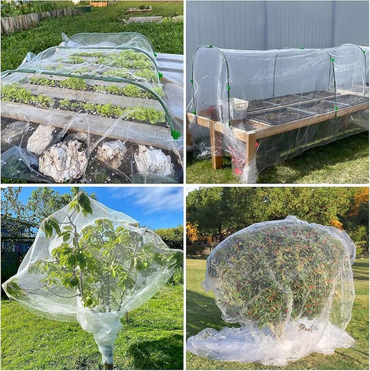 GonLei 10x25FT Garden Mesh Netting Kit Raised Beds (6 Pcs Garden Hoops & 18 Clips) Garden Hoops Plant Row Covers Netting Protection Berry Bush Trees Grass Seed Barrier Net