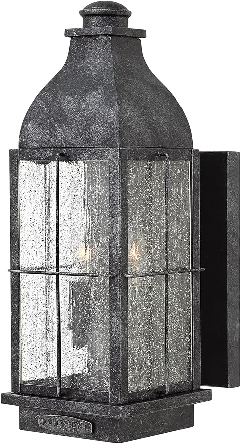 Hinkley Bingham Medium Wall Mount Outdoor Lantern - Aluminum, Clear Seedy Glass, Gas Light Style - Greystone Finish