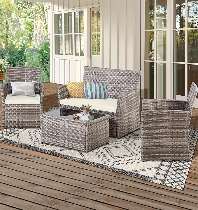 FHFO 4 Piece Outdoor Patio Furniture Sets, Wicker Sectional Conversation Sofa Set, Rattan Chairs Table Loveseat with Cushions for Outside Balcony Porch Backyard (Gray-Beige)