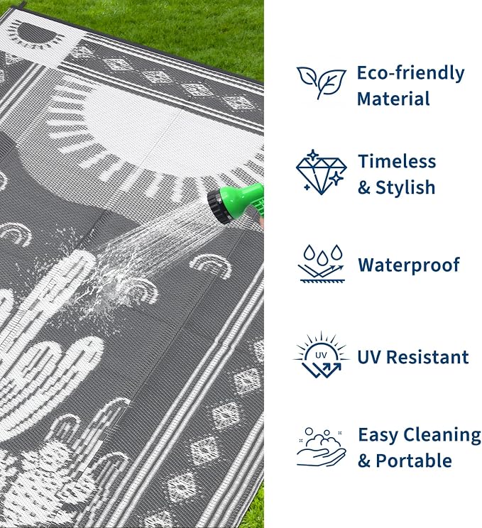 Garvee Waterproof Outdoor Rug 5x8, Cactus Botanical Outdoor Plastic Straw Rug for Camping, Reversible RV Mat Outside, Indoor Outdoor Carpet for Porch, Deck, Backyard, Balcony, Picnic, Grey