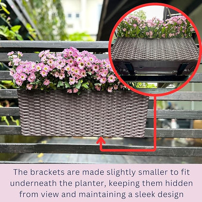 LaLaGreen Deck Railing Planter Box (20 Inch, 4 Pack) Brown Rectangular Window Flower Boxes with Bracket, Self Watering System Hanging Planter Box for Outdoor Plant Container Herb Rail Fence Balcony