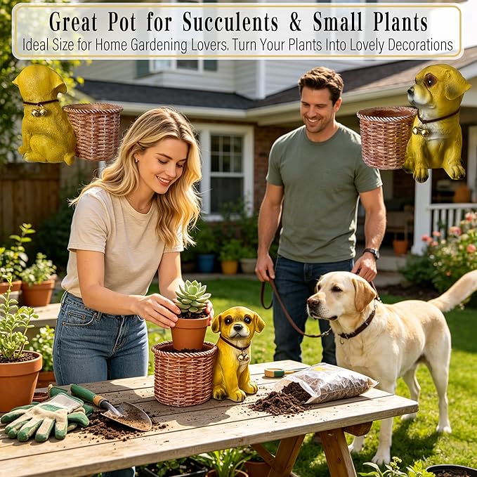6.73” Cute Puppy Desk Planter-Small Resin Dog Succulent Planter for Desk Tabletop Office Decor-Indoor Plant Pot Animal Shaped Pot for Home Patio-Perfect Dog Lover Gift for Dog Owner Office Home